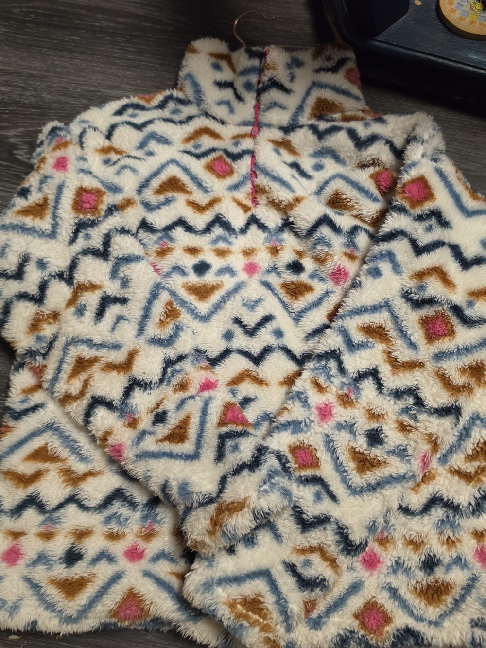 Eddie Bauer Cream Fleece Pullover with Blue, Brown & Pink Geo Pattern